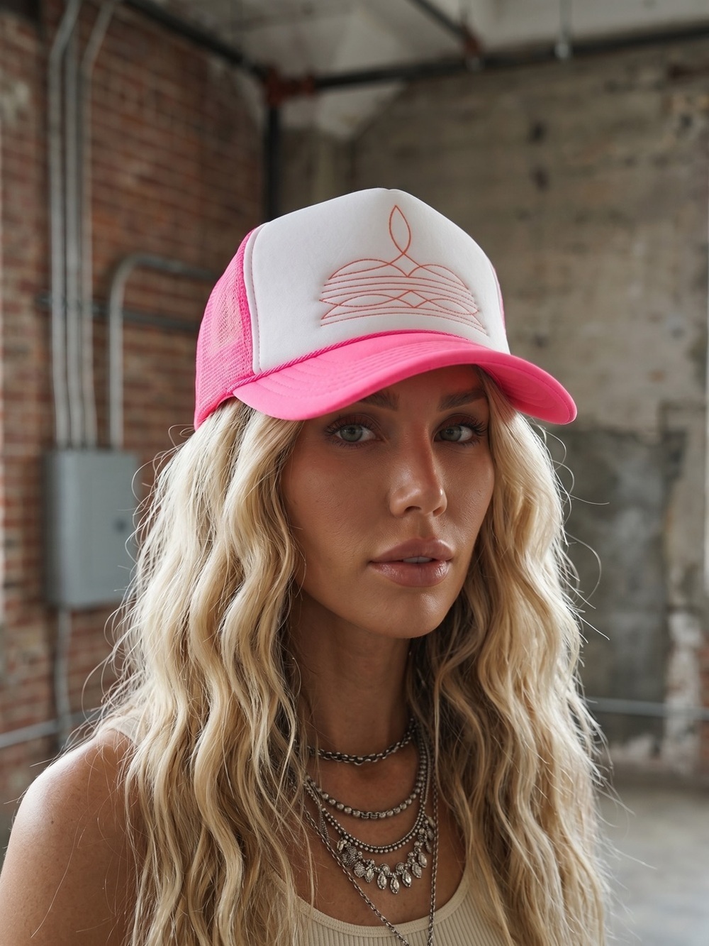 NWT Neon Pink & White Western Boot Stitch Cowgirl Snap Back Trucker Hat Cap - Picture 3 of 5